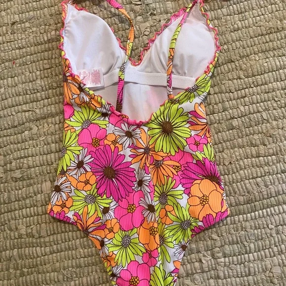 Xhilaration Pink and Orange One Piece Swimsuit Tropical Floral - Picture 2 of 3